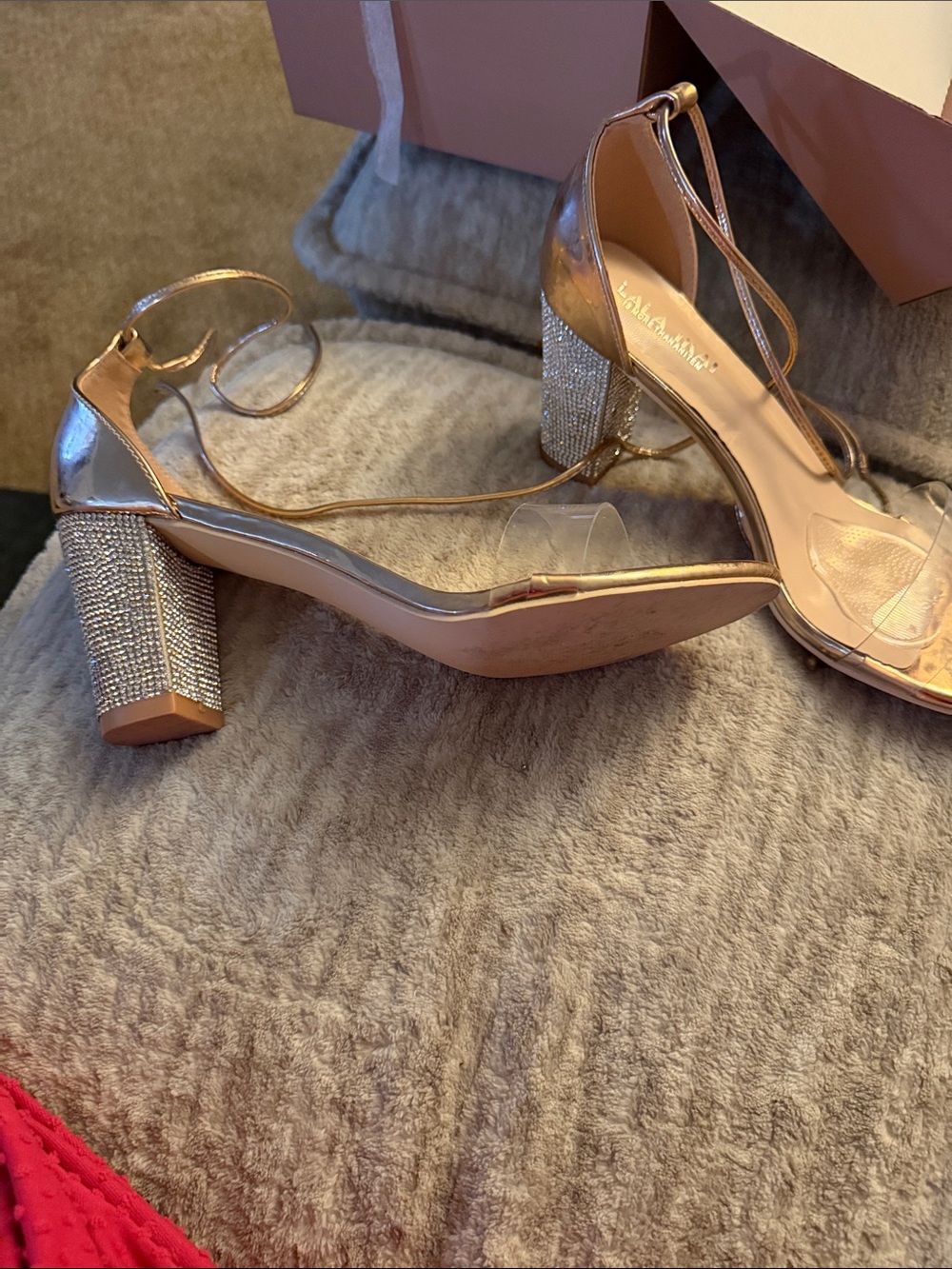 Crystal Block Heel Sandals in Rose Gold with Clear Strap